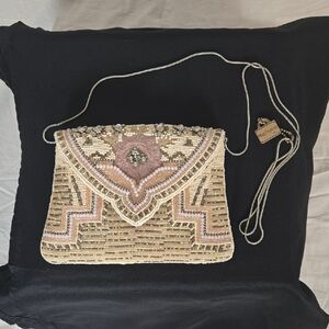 Mary Frances Beaded Cream and Pink Crossbody Clutch